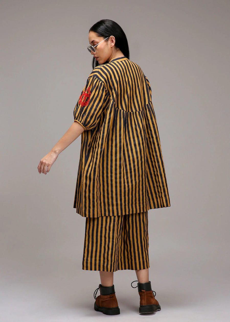 Tan-Brown Blue Striped Short Acra Tunic Set (2 Pcs)