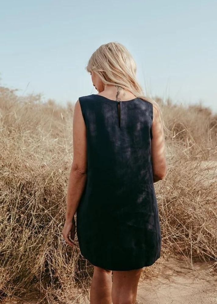 A Model Wearing Blue Linen Alivia Dress, curated by Only Ethikal