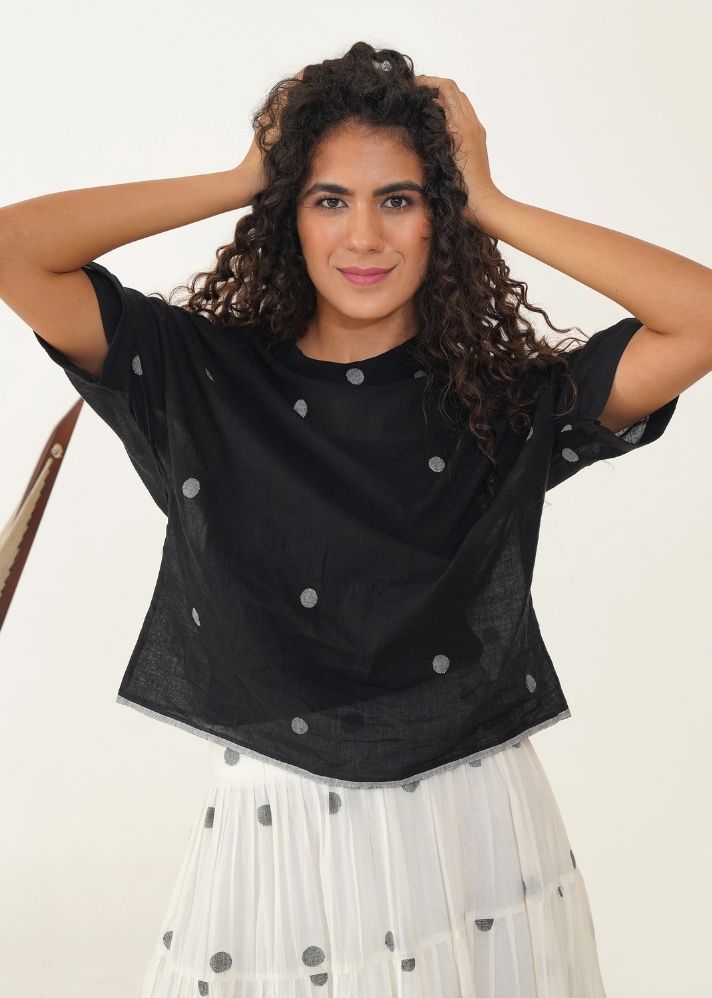 A Model Wearing Black Pure Cotton Palm Top, curated by Only Ethikal