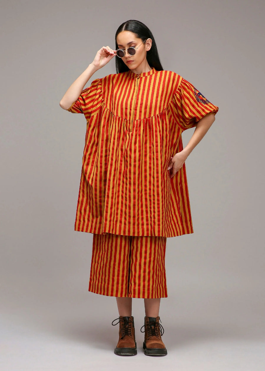 A Model Wearing Multicolor Cotton Tan-Brown Red Striped Short Acra Tunic Set (2 PCS), curated by Only Ethikal