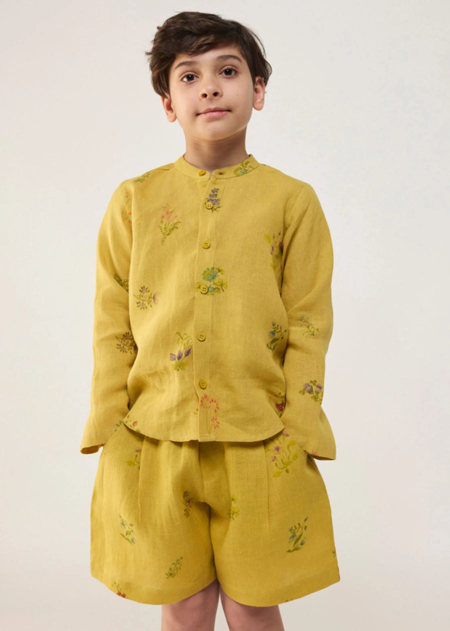 Kids Akio Floral Linen Shirt- Ochre