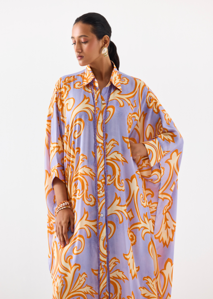 A Model Wearing Multicolor Vegan Silk Mojito Front Button Kimono Kurta And Pants , curated by Only Ethikal