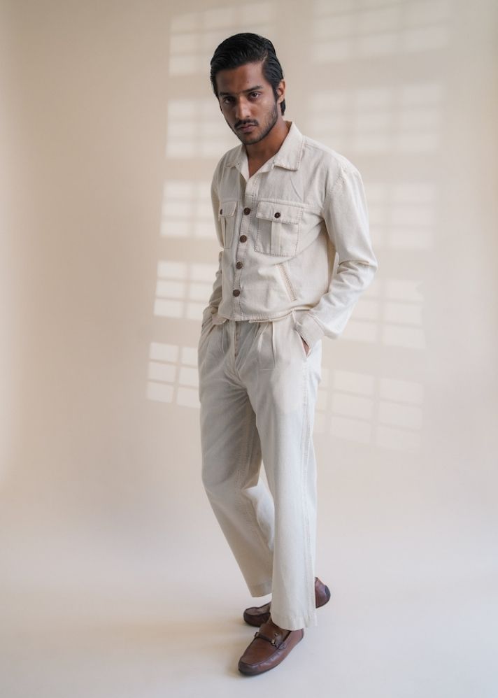 A Model Wearing White Pure Cotton Dawning Panelled Long Shirt, curated by Only Ethikal