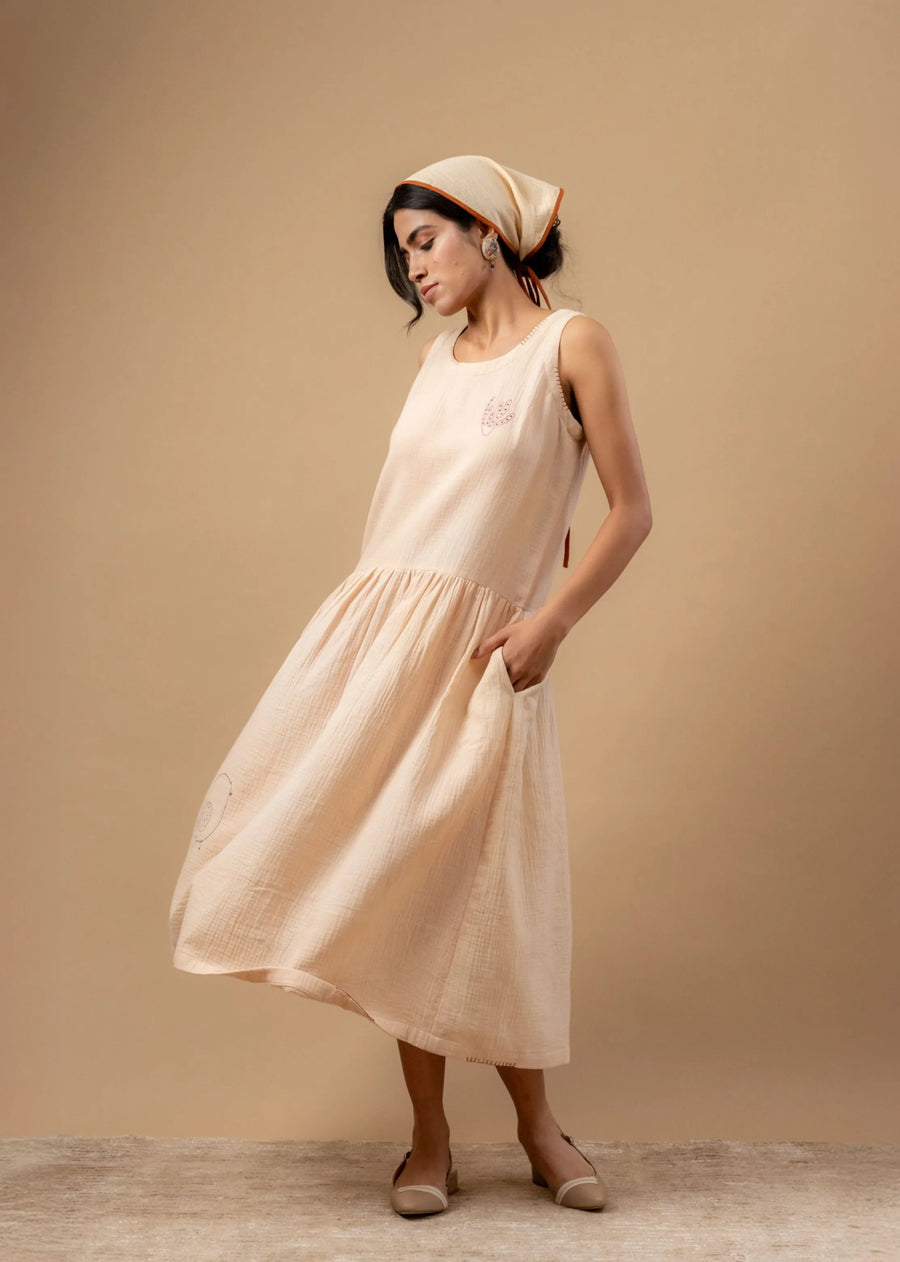 A Model Wearing Beige Organic Cotton Susan Drop Waist Dress, curated by Only Ethikal