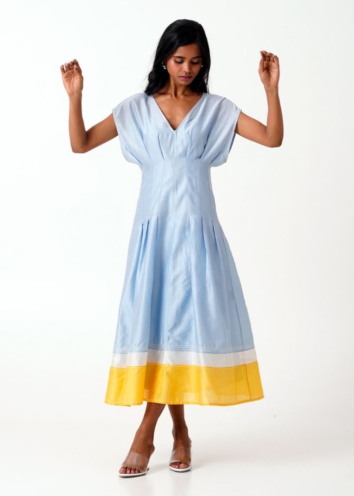 A Model Wearing Blue Handloom Cotton Bree Dress, curated by Only Ethikal