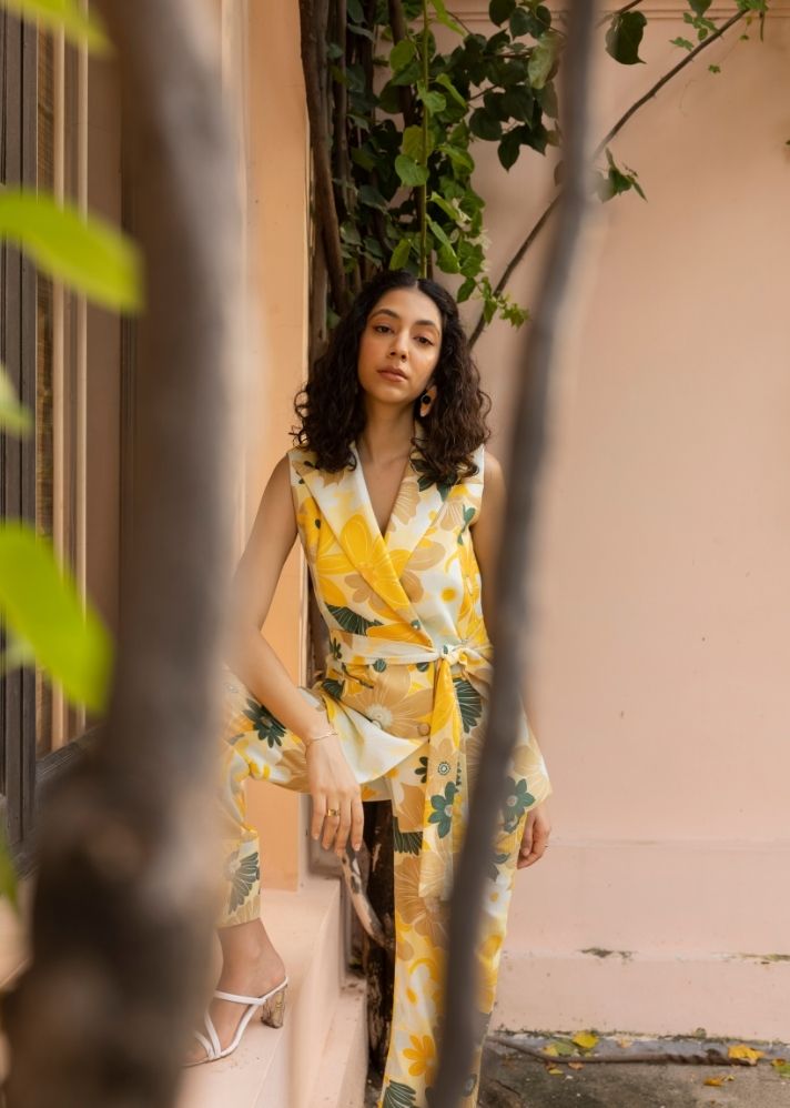 A Model Wearing Multicolor Organic Cotton Essence Co-Ord Set- Mosaic Yellow Print, curated by Only Ethikal