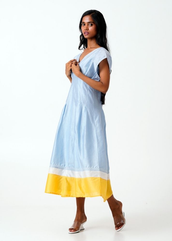 A Model Wearing Blue Handloom Cotton Bree Dress, curated by Only Ethikal