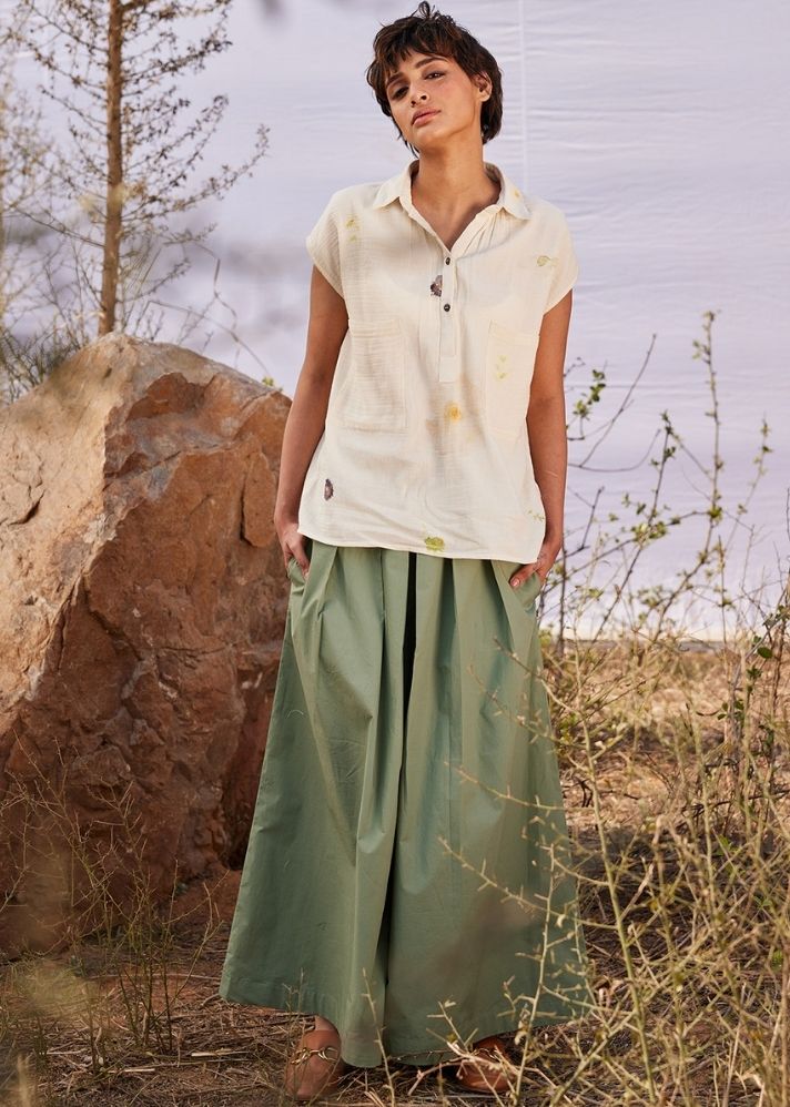 A Model Wearing Green Cotton Mul Sage flare, curated by Only Ethikal