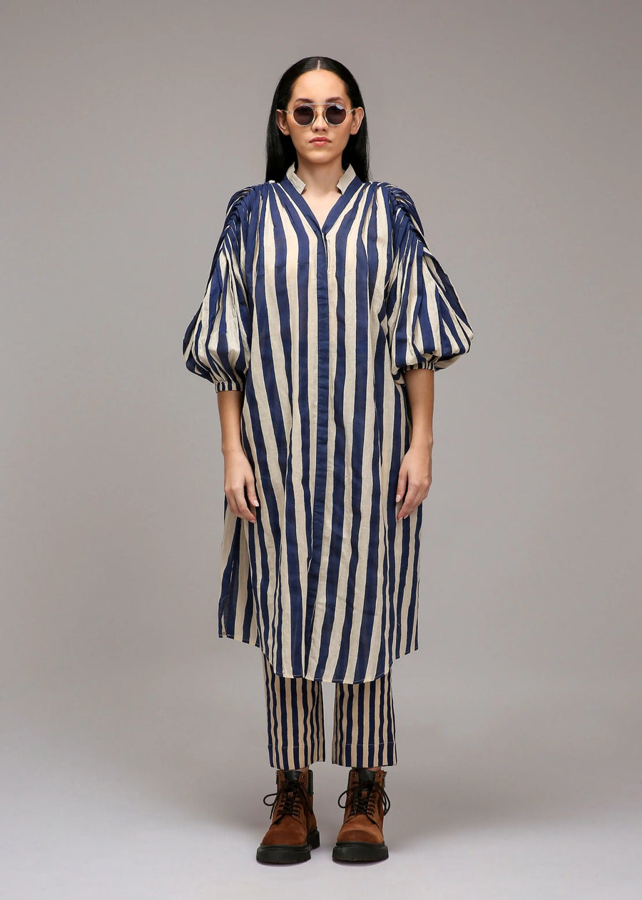 A Model Wearing Multicolor Cotton Egg-Shell Blue Striped Baha Tunic, curated by Only Ethikal