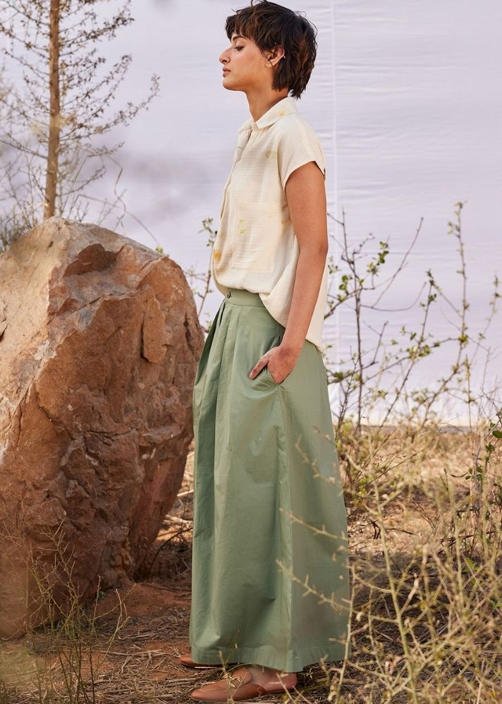 A Model Wearing Green Cotton Mul Sage flare, curated by Only Ethikal