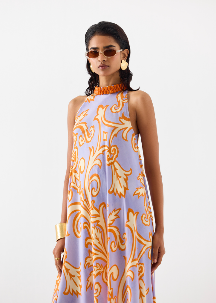 A Model Wearing Multicolor Vegan Silk Mojito Halter Dress, curated by Only Ethikal