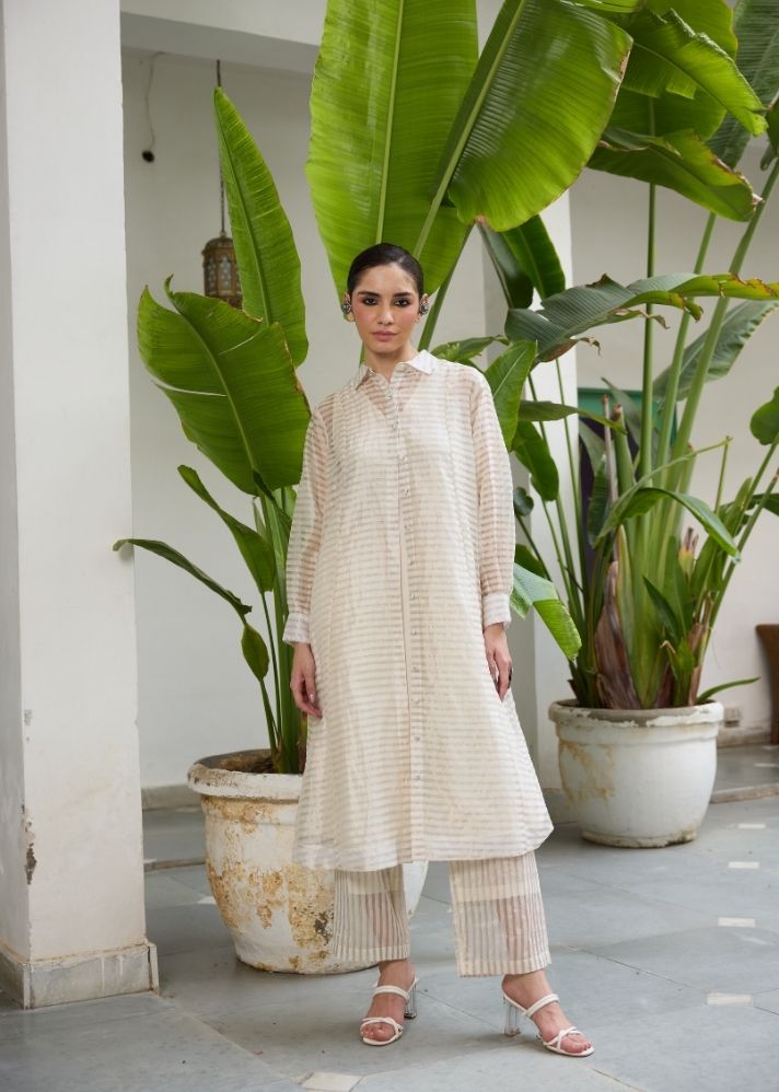 A Model Wearing White  Chanderi Cotton White Noor Set Coord Set, curated by Only Ethikal