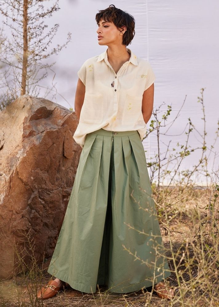 A Model Wearing Green Cotton Mul Sage flare, curated by Only Ethikal