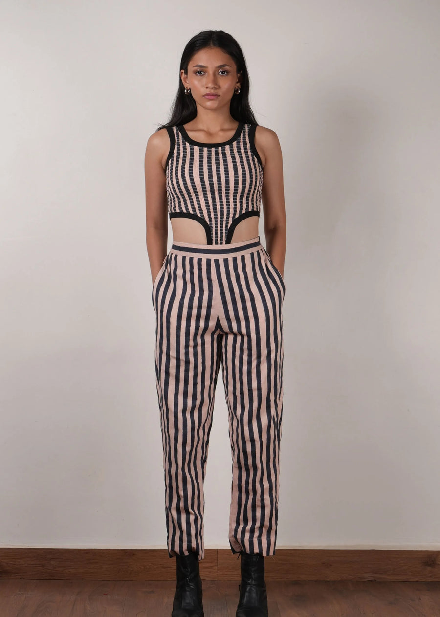 A Model Wearing Pink & Black Str Pure Cotton Pink with Charcoal Block Printed Smocked Bodysuit, curated by Only Ethikal