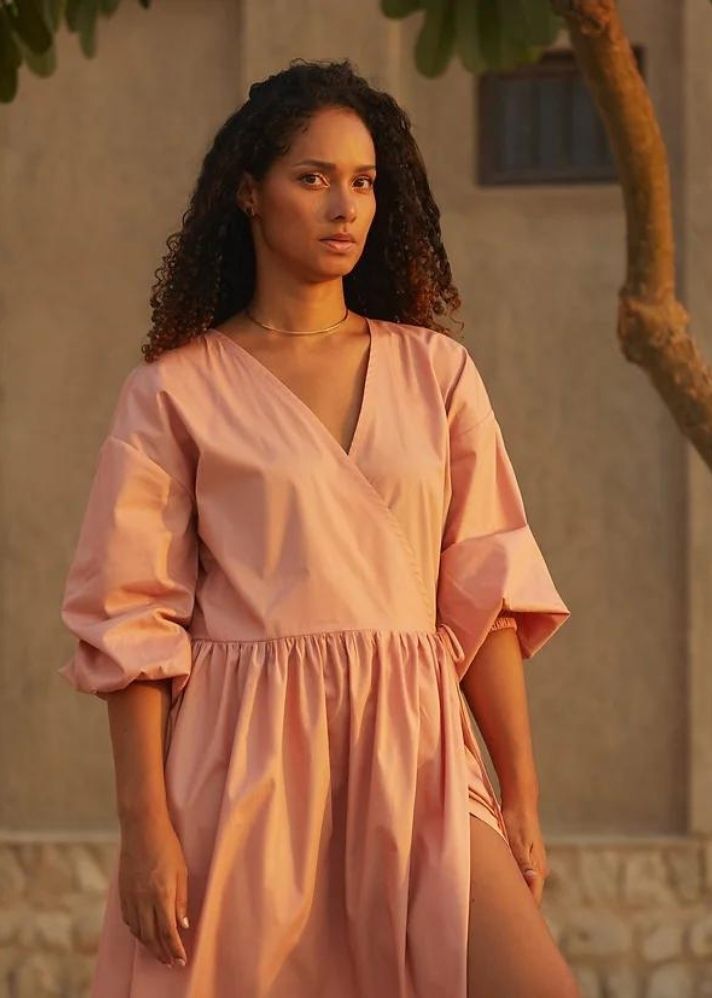 A Model Wearing Pink Organic Cotton Aali Dress, curated by Only Ethikal