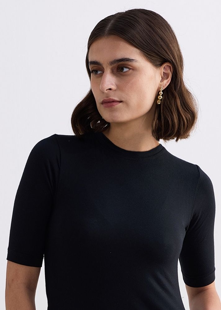 High Crew Neck Elbow Sleeves Fitted Dress In Black