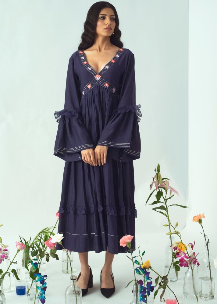 A Model Wearing Blue Cotton Silk Boho Vibes Dress In Cotton Silk & Silk Organza

, curated by Only Ethikal