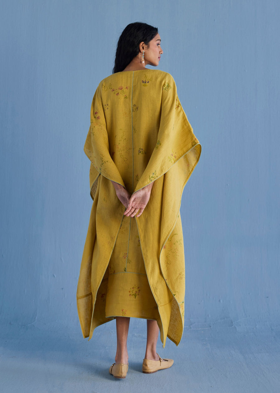 Eva Floral Linen Kaftan Dress - Ochre