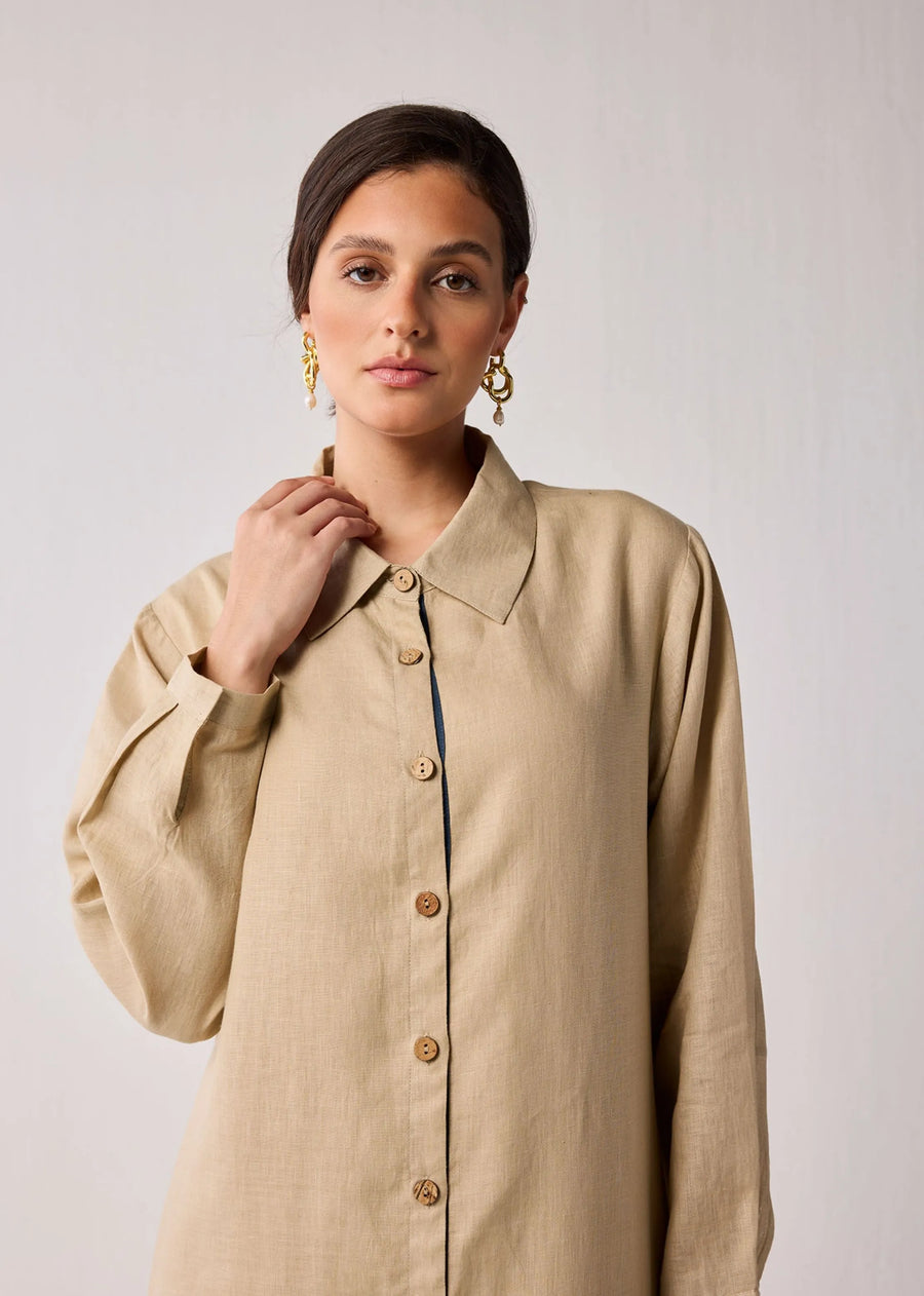 Oversized Hemp Shirt Dress With Front Buttons In Beige
