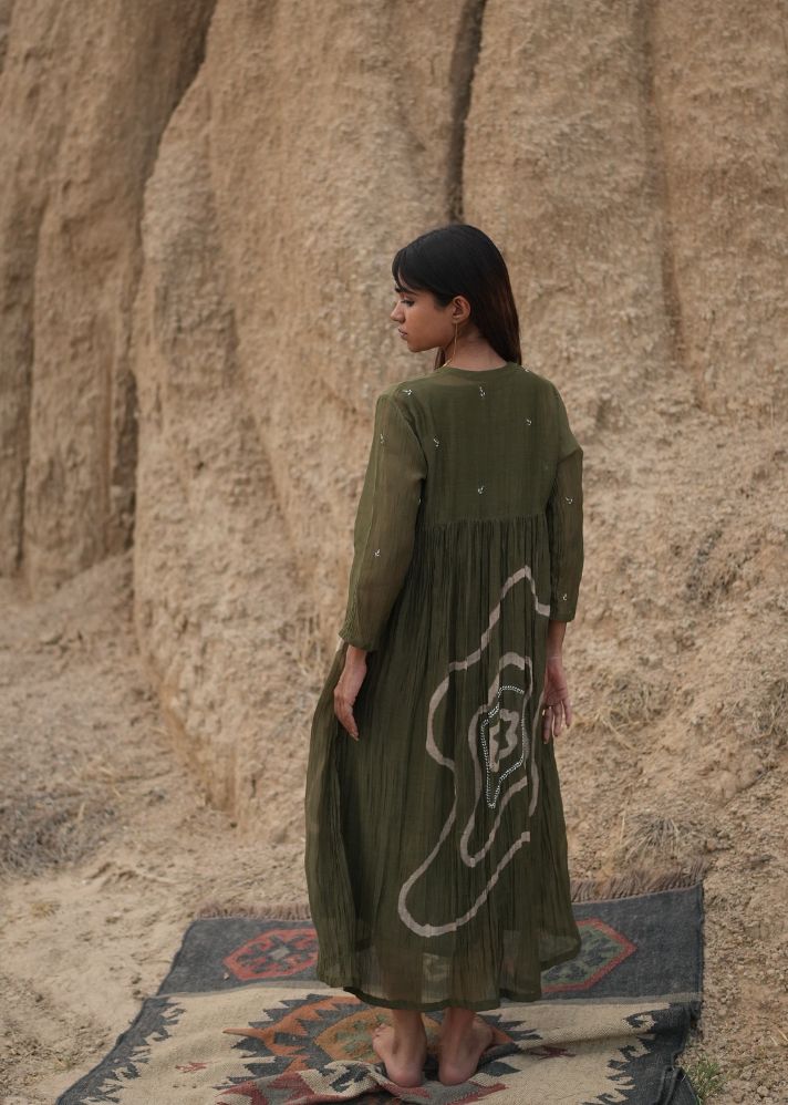 A Model Wearing Olive Chanderi Cotton Olive Arazi Dress, curated by Only Ethikal