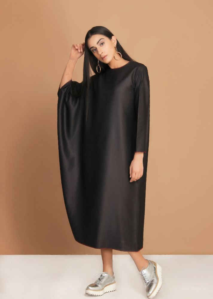 A Model Wearing Black Handloom Cotton Black One Sleeve Minimal Dress, curated by Only Ethikal