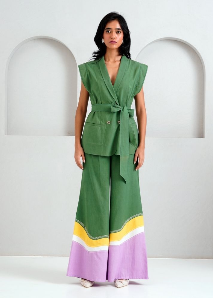 A Model Wearing Multicolor Handloom Cotton Berlin Set, curated by Only Ethikal