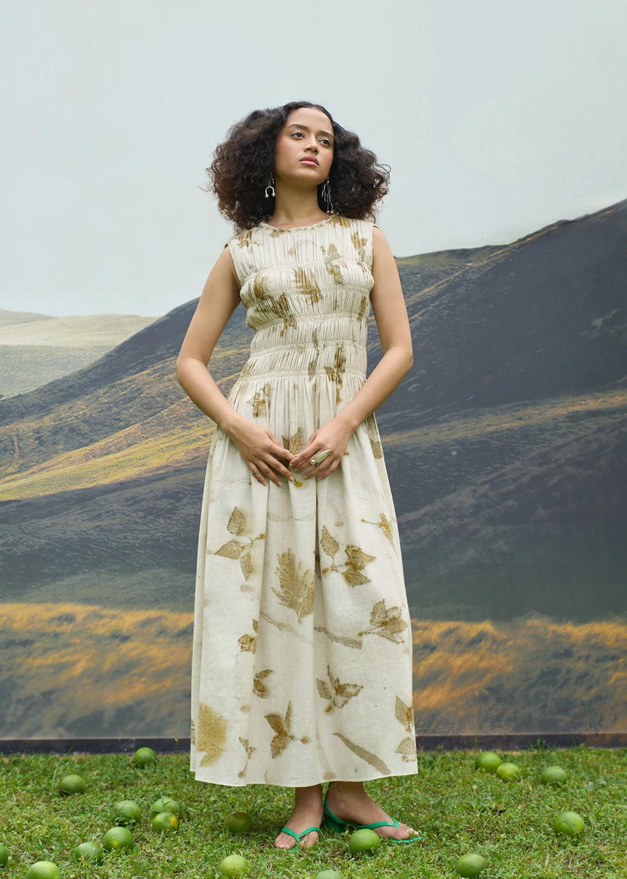 A Model Wearing Multicolor Cotton Khadi Live Leafy Smocked Dress, curated by Only Ethikal