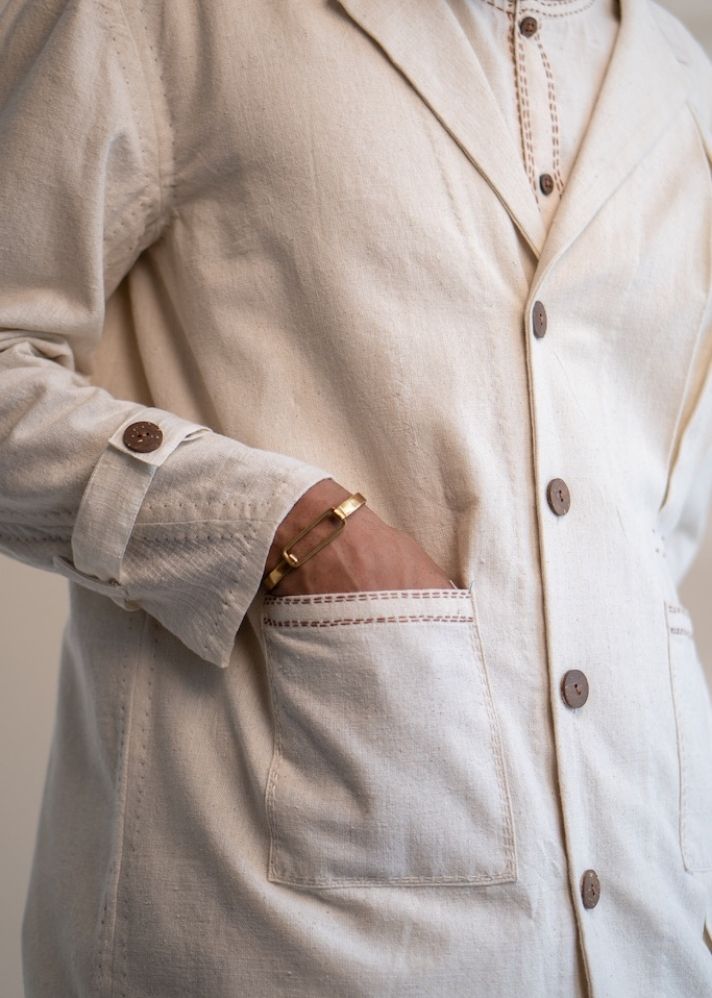 A Model Wearing White Pure Cotton Dawning Haori Jacket, curated by Only Ethikal