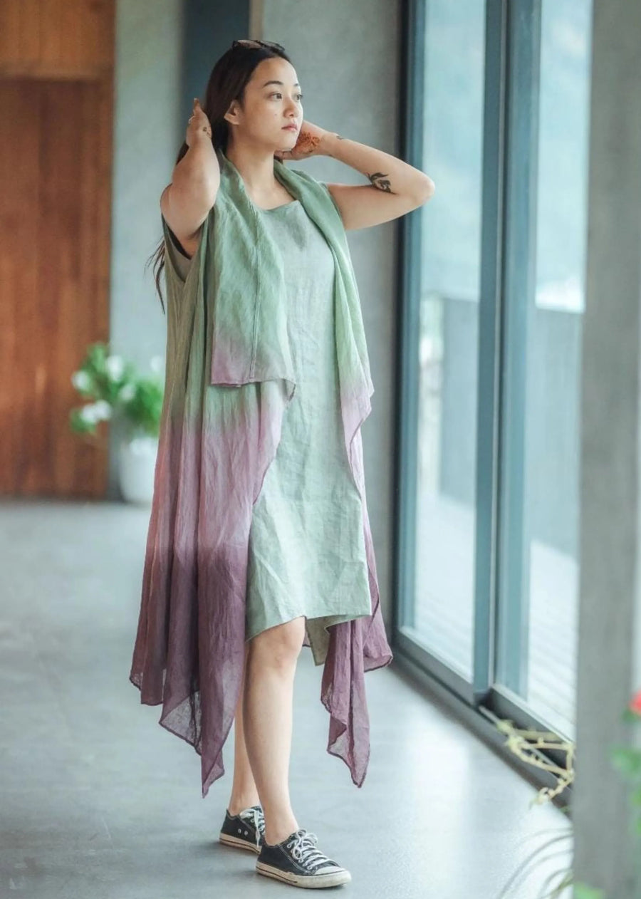 A Model Wearing Multicolor THIN LINEN Ombre Kimono, curated by Only Ethikal
