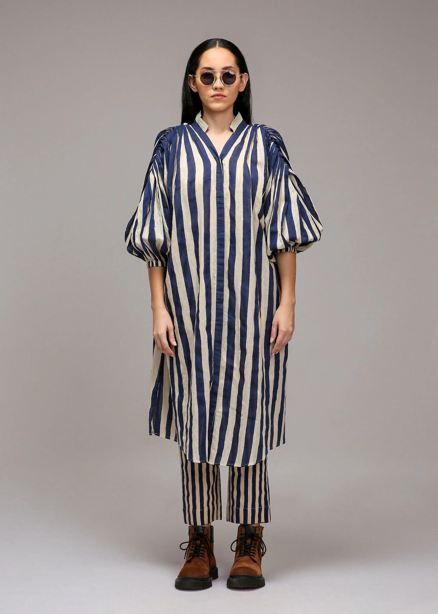 A Model Wearing Multicolor Cotton Egg-Shell Blue Striped Baha Tunic Set (2 PCS), curated by Only Ethikal
