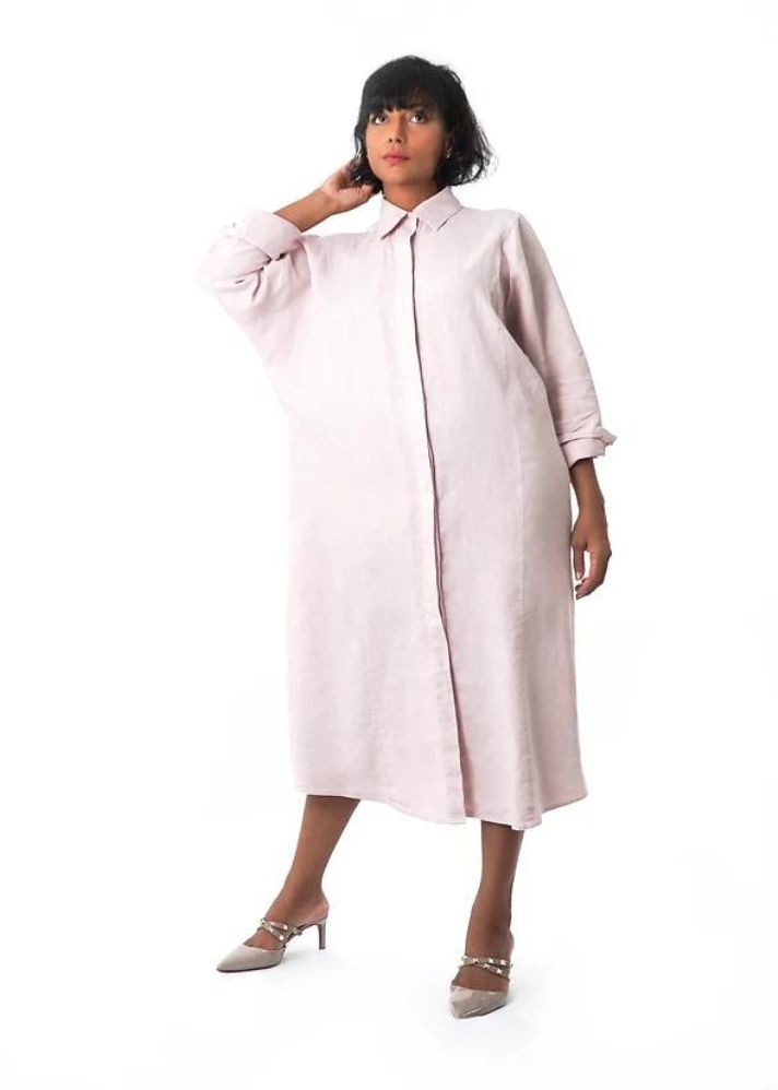 A Model Wearing White Linen Lucia Oversize Shirt Dress - Midi, curated by Only Ethikal