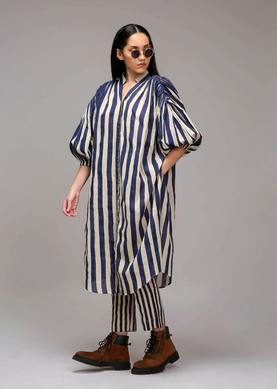 Egg-Shell Blue Striped Baha Tunic Set (2 Pcs)