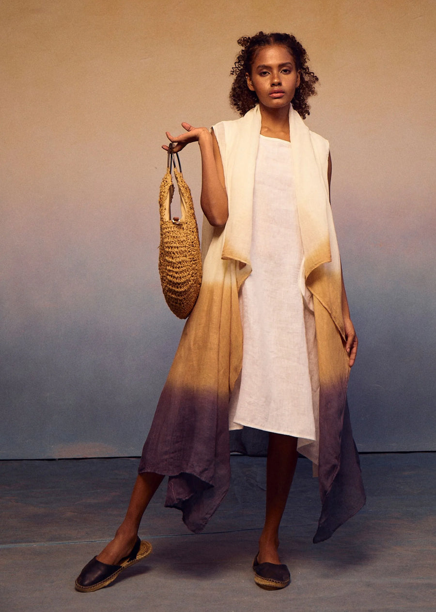 A Model Wearing Multicolor THIN LINEN Ombre Kimono, curated by Only Ethikal