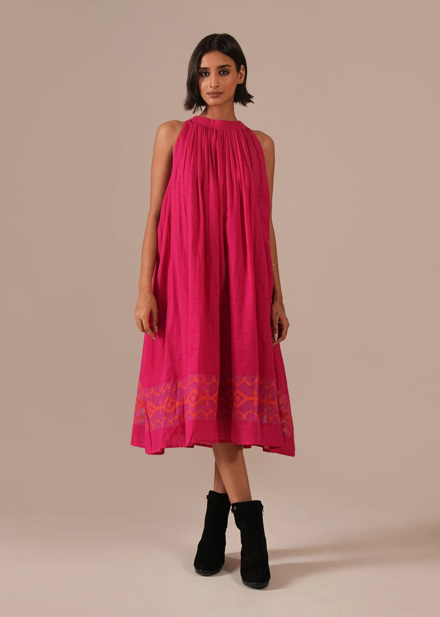 A Model Wearing Multicolor Pure Cotton Pink Frost Dress, curated by Only Ethikal