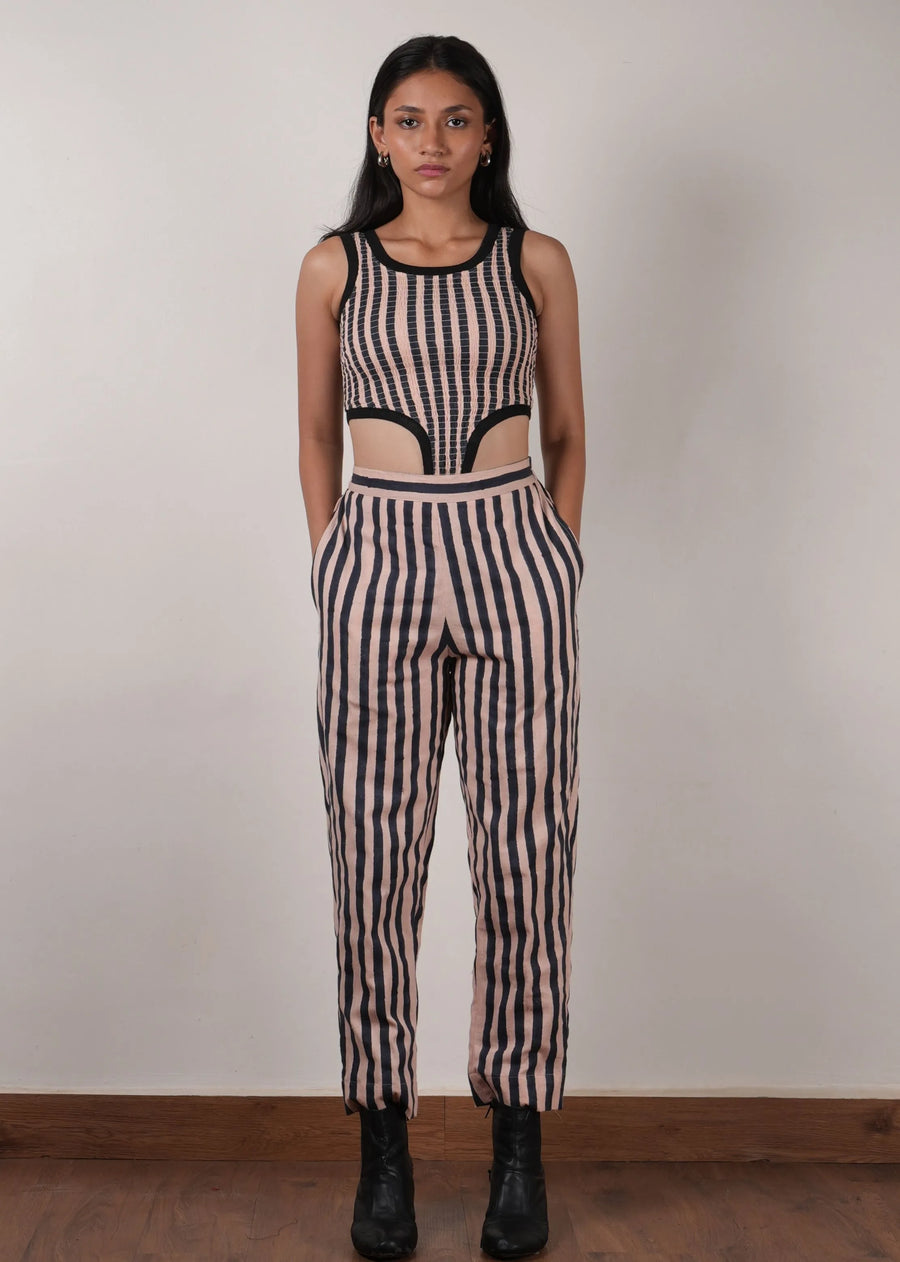 A Model Wearing Pink & Black Str Pure Cotton Pink with Charcoal Block Printed Smocked Bodysuit & Pant Set (2 PCS), curated by Only Ethikal