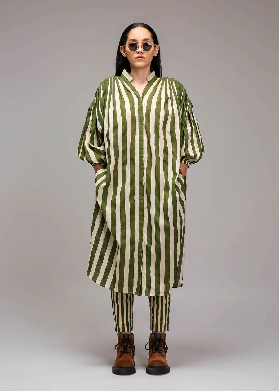 A Model Wearing Multicolor Cotton Egg-Shell Green Striped Baha Tunic Set (2 PCS), curated by Only Ethikal