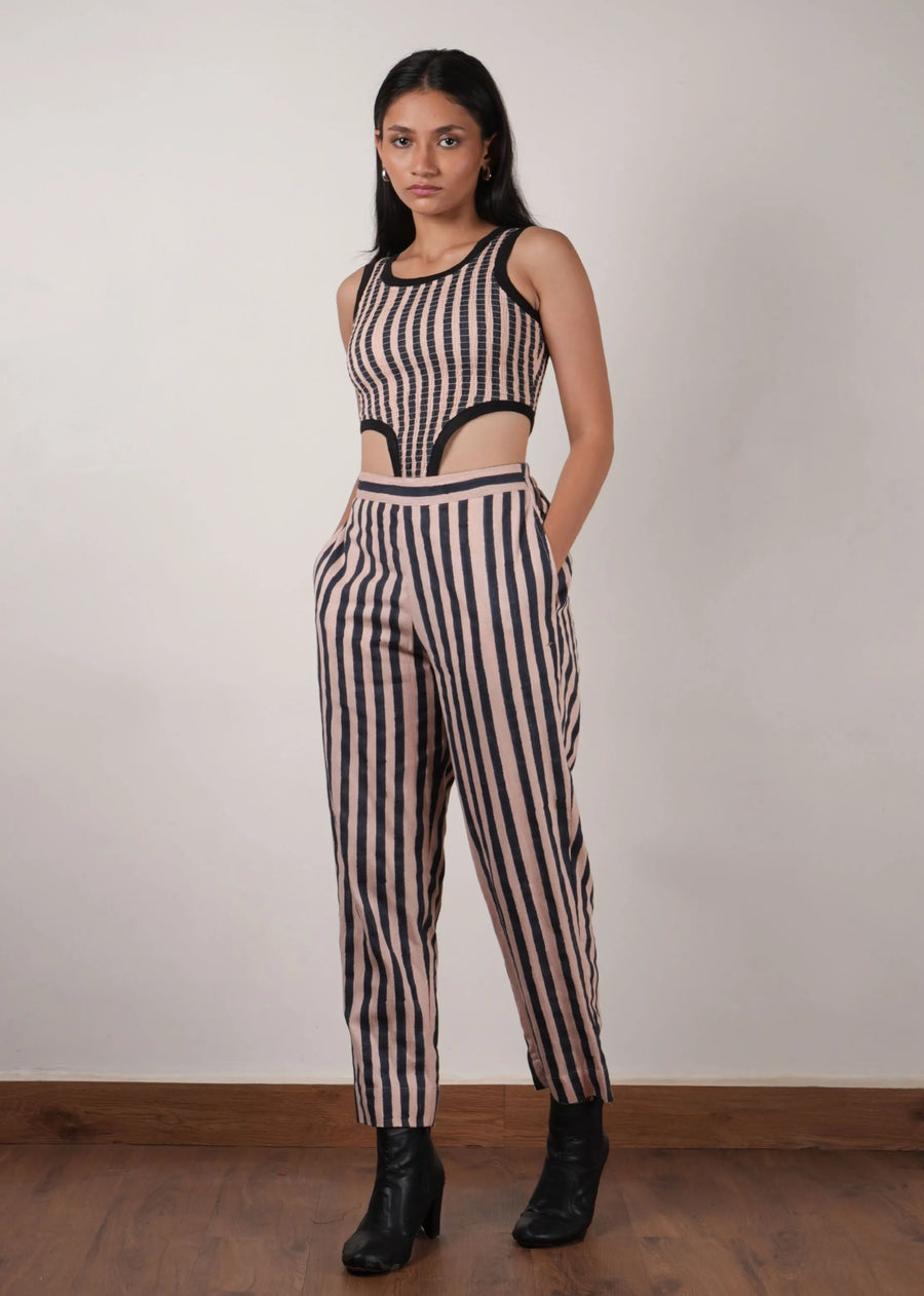 Pink with Charcoal Block Printed Smocked Bodysuit & Pant Set (2 PCS)