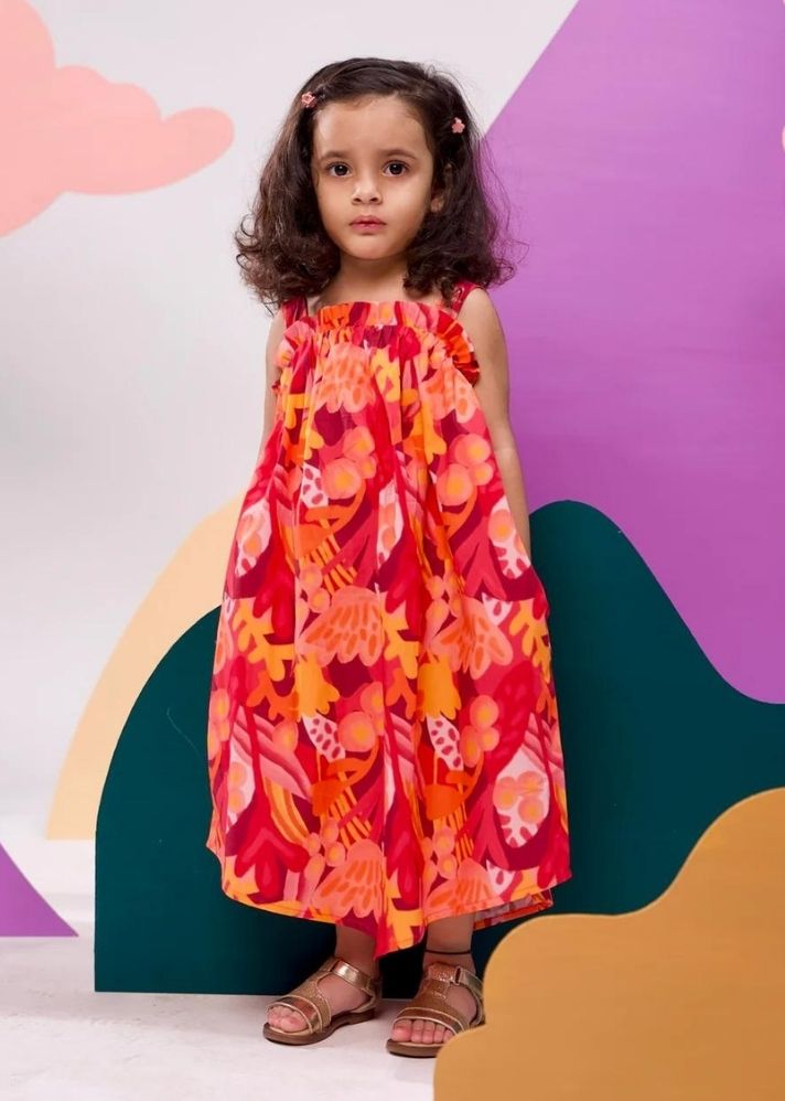 A Model Wearing Multicolor Cotton Papaya Printed Cotton Tie-Up Maxi Dress, curated by Only Ethikal