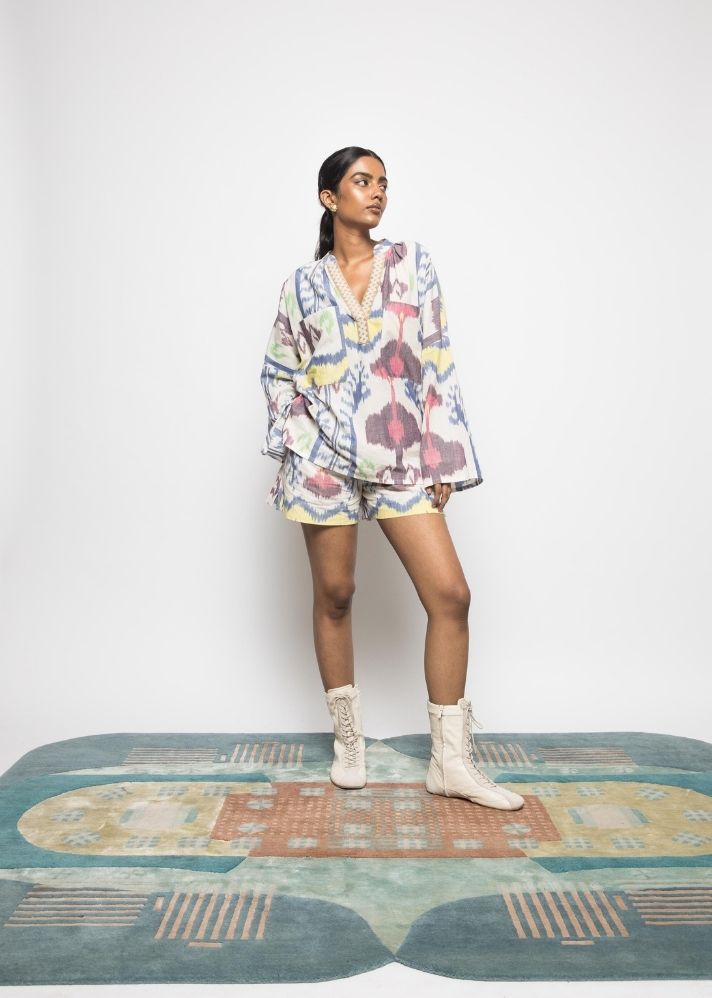 A Model Wearing Multicolor Handwoven Cotton Ikat All Things Oversized Shirt, curated by Only Ethikal