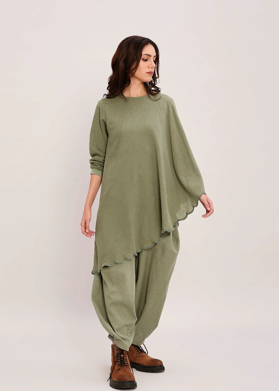 A Model Wearing Green, Rust, Blue Pure Cotton Capsule Edit Ribbed Scallop Tunic, curated by Only Ethikal