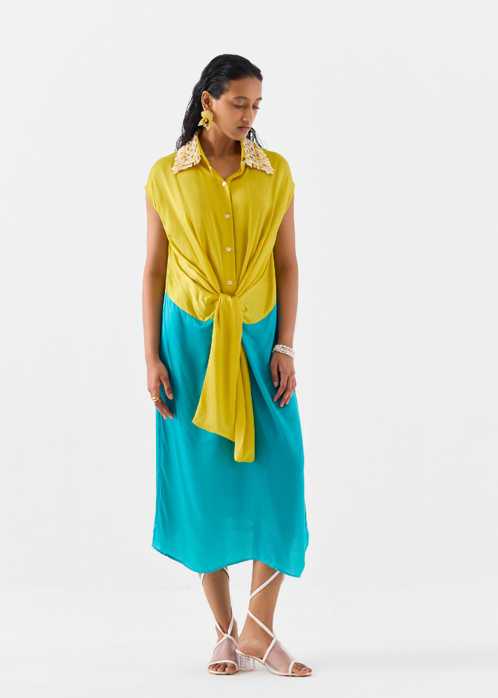 A Model Wearing Multicolor Vegan Silk Pinacolada Knot Dress, curated by Only Ethikal