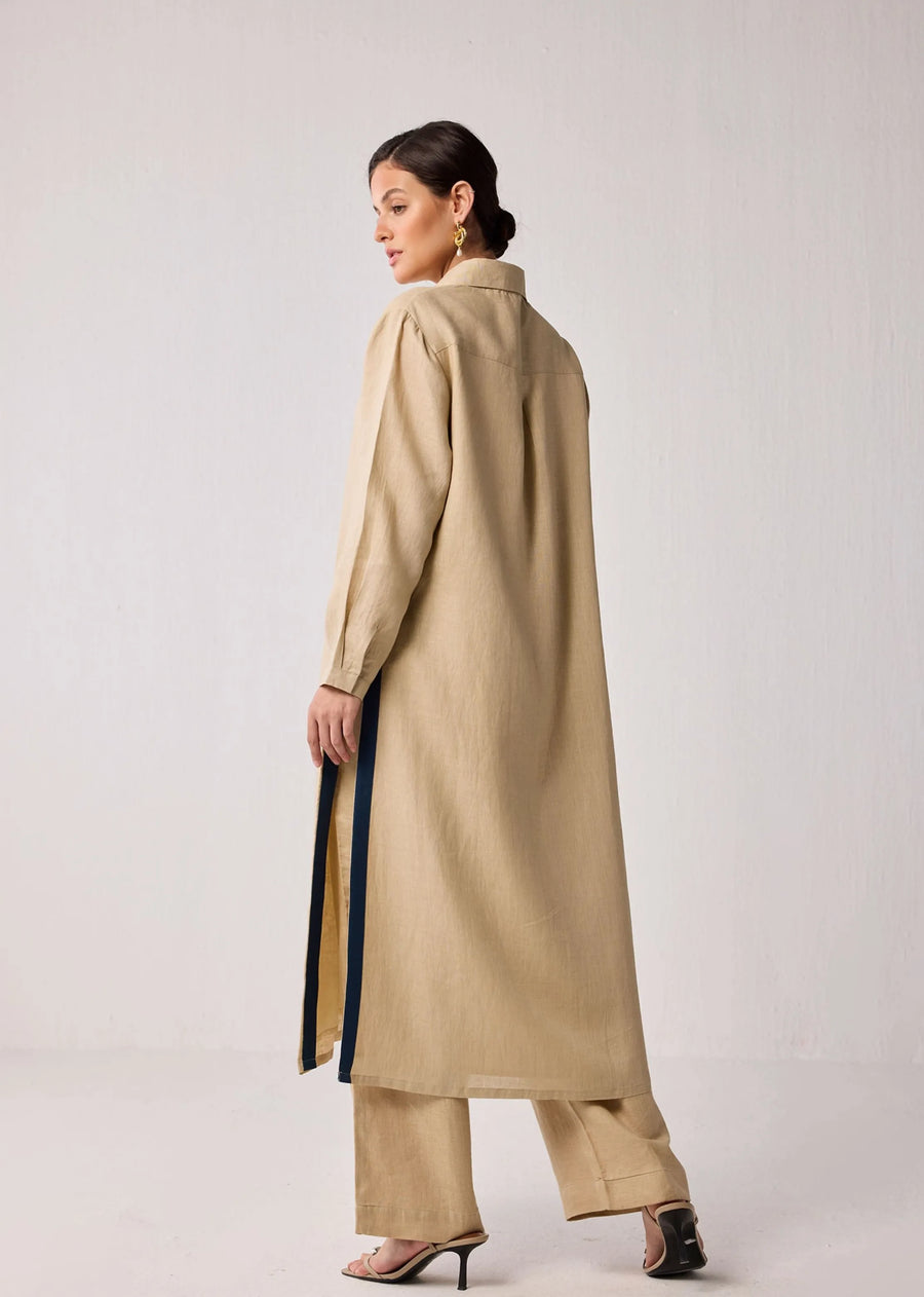 Oversized Hemp Shirt Dress With Front Buttons In Beige