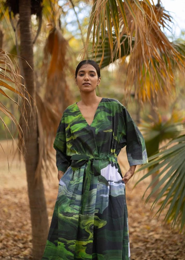 A Model Wearing Multicolor Upcycled Cotton Doris Green Dress, curated by Only Ethikal