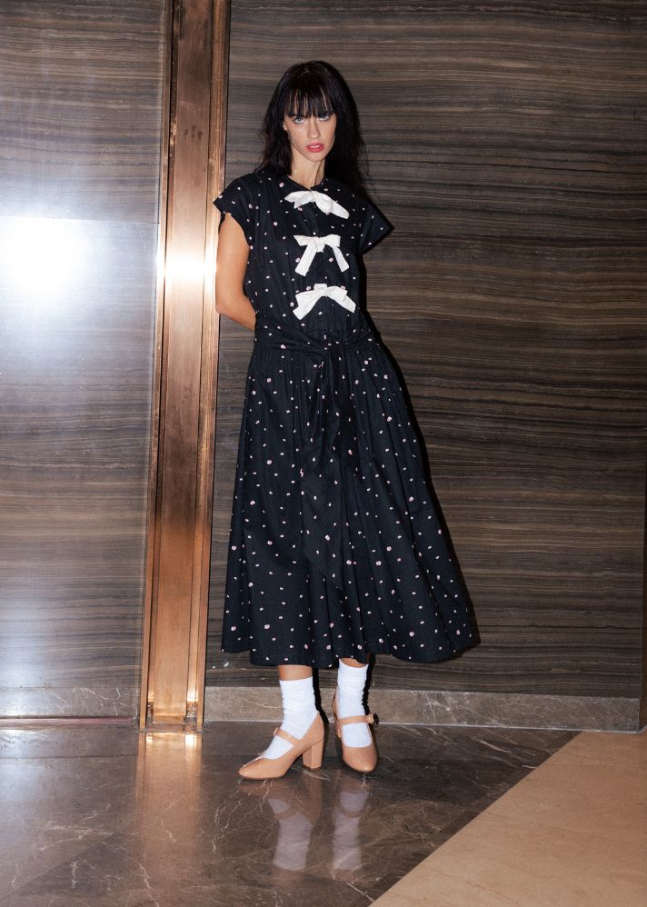 A Model Wearing Black Pure Cotton Dori Polka Dot Dress, curated by Only Ethikal