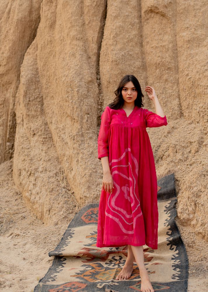 A Model Wearing Pink Chanderi Cotton Pink Arazi Dress, curated by Only Ethikal