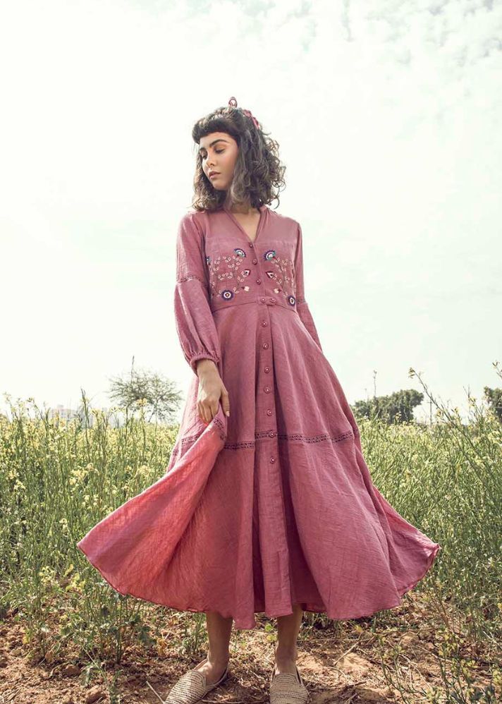 A Model Wearing Pink Handwoven Cotton Beauty In Paradise Dress In Cotton Slub
, curated by Only Ethikal