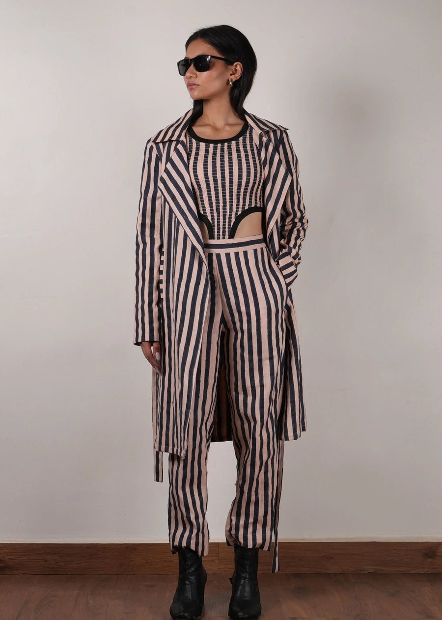 A Model Wearing Pink & Black Str Pure Cotton Pink with Charcoal Block Printed Striped Trench & Bodysuit Set (3 PCS), curated by Only Ethikal