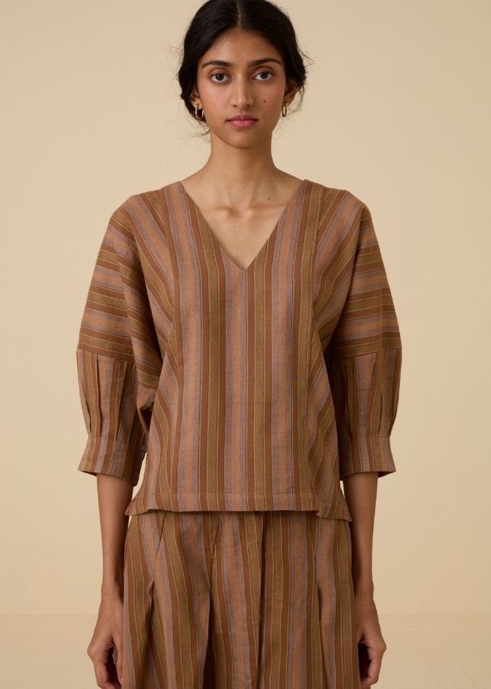 A Model Wearing Brown Handwoven Cotton Faizaan Brown Stripe Top, curated by Only Ethikal