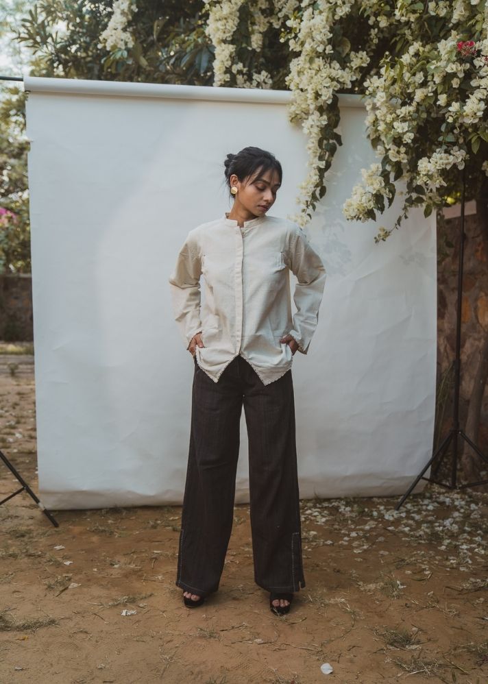 A Model Wearing White Pure Cotton Sonder Mandarin Collar Blouse, curated by Only Ethikal