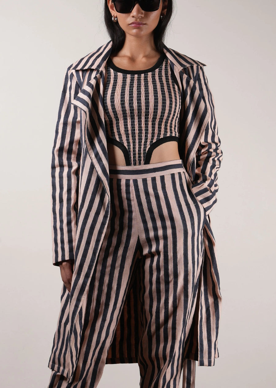 Pink with Charcoal Block Printed Striped Trench & Bodysuit Set (3 PCS)
